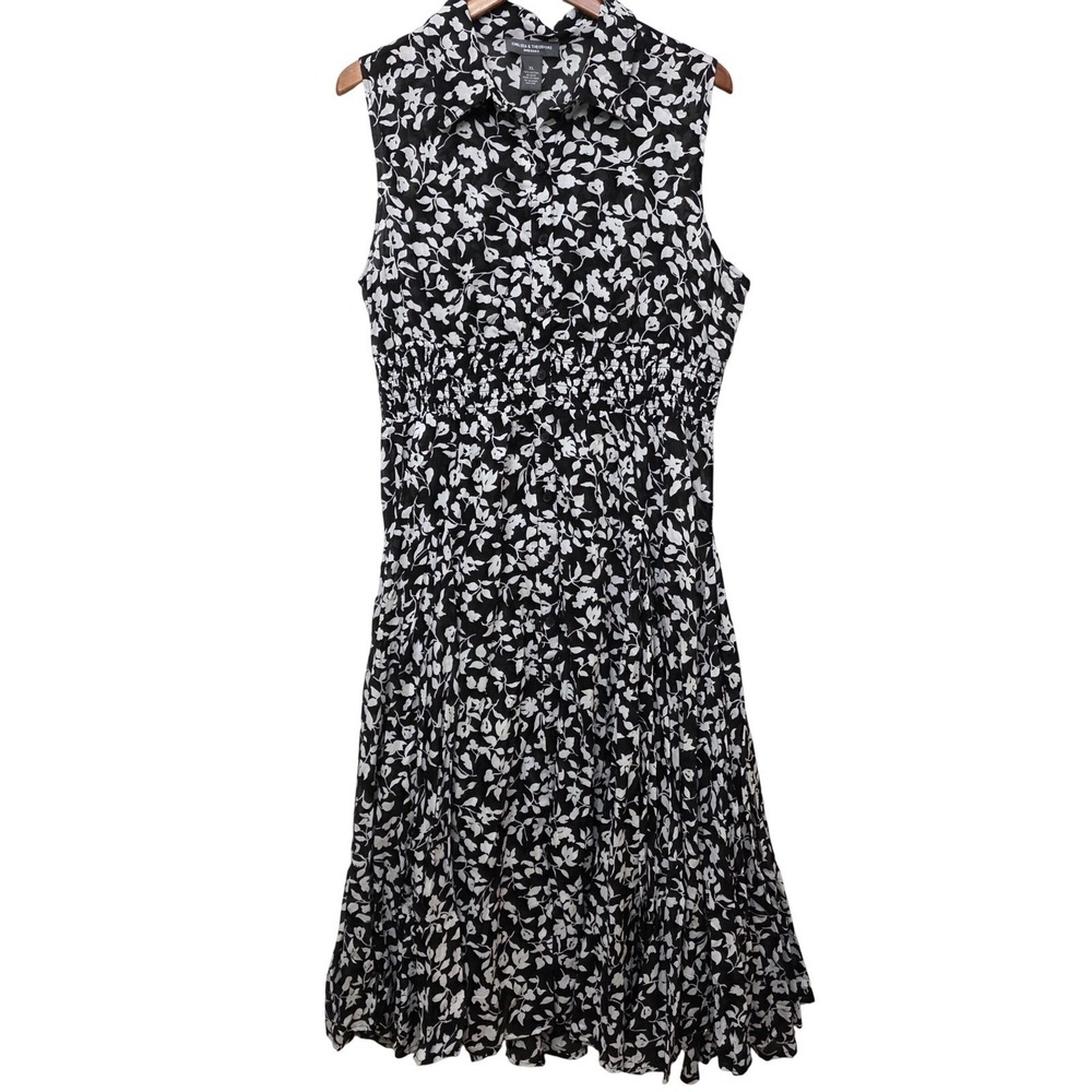 Chelsea & Theodore XL Black White Floral Cotton Smocked Midi Dress Sleeveless - Picture 1 of 13